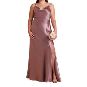 Birdy Grey Lisa Long Satin Draped Cowl Neck Gown in Dark Mauve